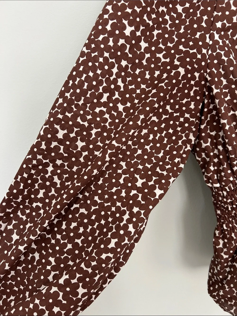 J. Crew Brown and White Printed Smocked Waist Blouse